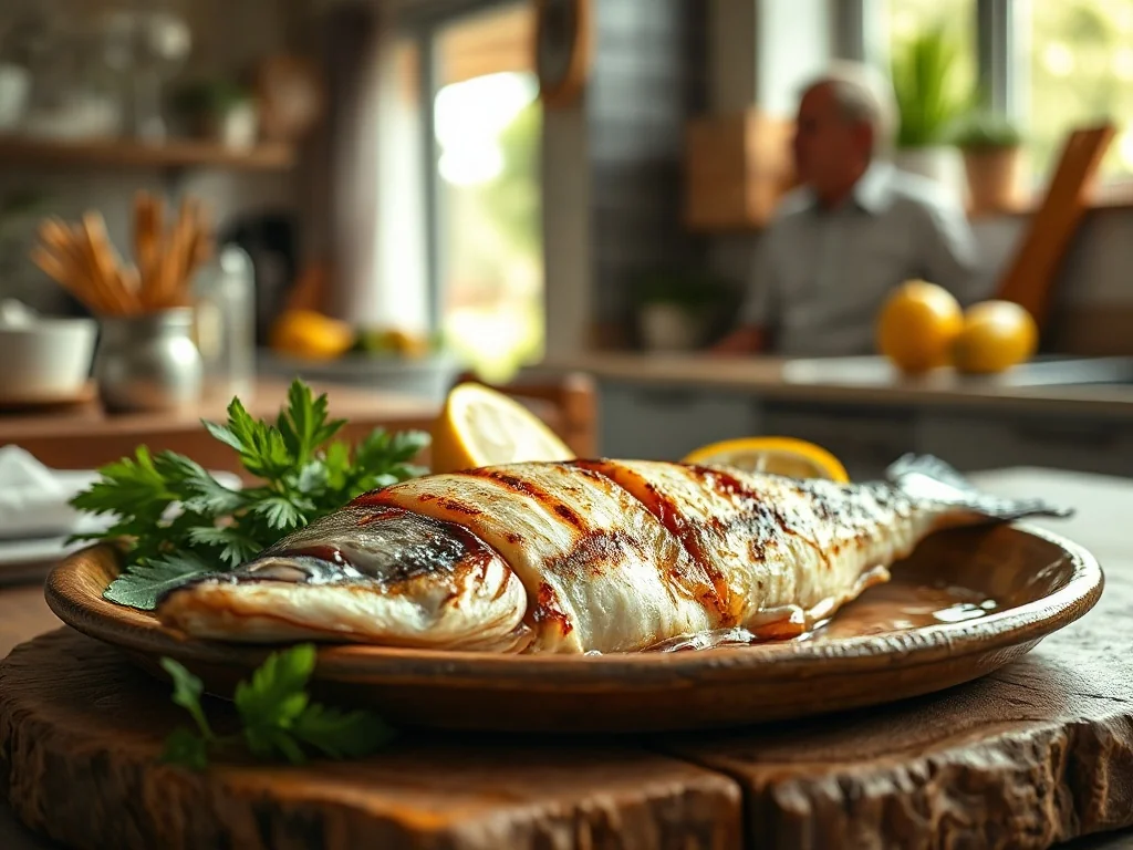 Świeżo grillowany filet z morszczuka na ceramicznym talerzu, podany z cytryną, ziołami i oliwą.