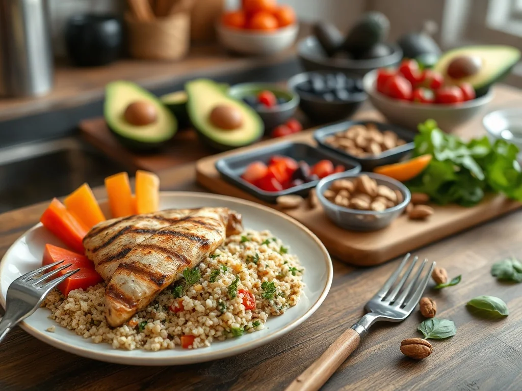 Zbilansowany posiłek z grillowanym kurczakiem, komosą ryżową i warzywami na drewnianym stole, prezentujący zdrowy jadłospis 1500 kcal.