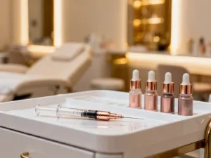 Profesjonalny zestaw do pedicure frezarkowego z akcesoriami i miską z wodą na marmurowym blacie w salonie spa.
