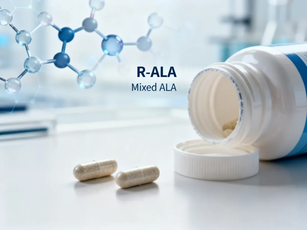 Kapsułki suplementu kwasu alfa-liponowego na tle laboratoryjnym