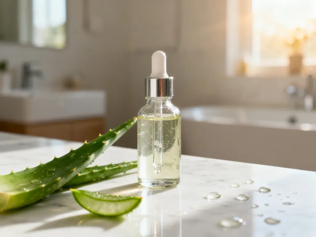 Szklana buteleczka z serum na marmurowym blacie w otoczeniu liści aloesu, symbolizująca naturalną pielęgnację przeciwstarzeniową.