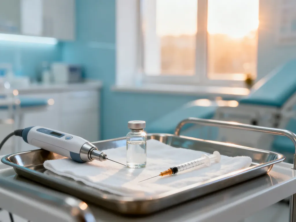 Sterylne narzędzia i preparaty do mezoterapii skóry głowy przygotowane do profesjonalnego zabiegu w klinice dermatologicznej.