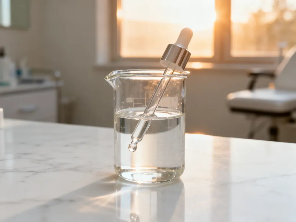 Szklana zlewka z serum i pipetą na marmurowym blacie, symbolizująca profesjonalne zabiegi peelingu chemicznego.