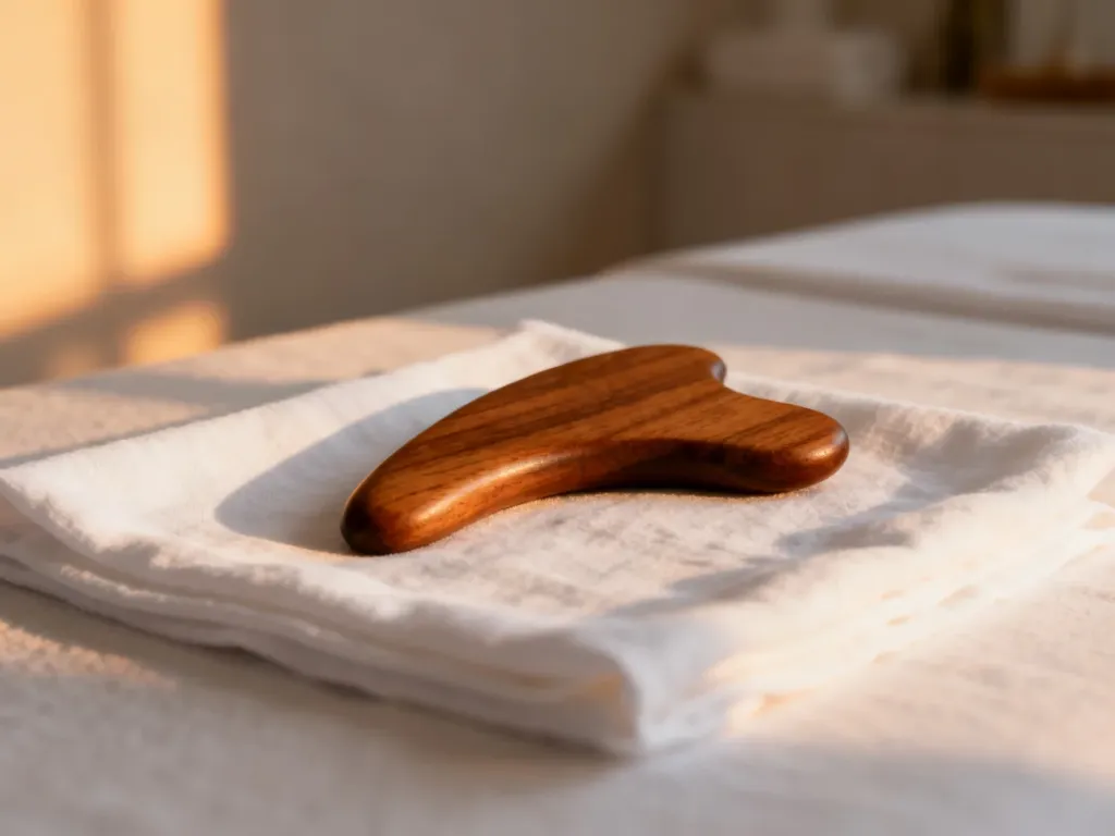 Drewniane narzędzie do masażu twarzy na lnianym materiale w minimalistycznym wnętrzu spa.