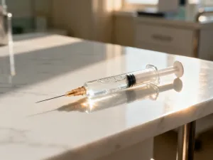 Butelka specjalistycznego serum do pielęgnacji skóry i miękki ręcznik na łazienkowej półce, podkreślające higienę i leczenie.