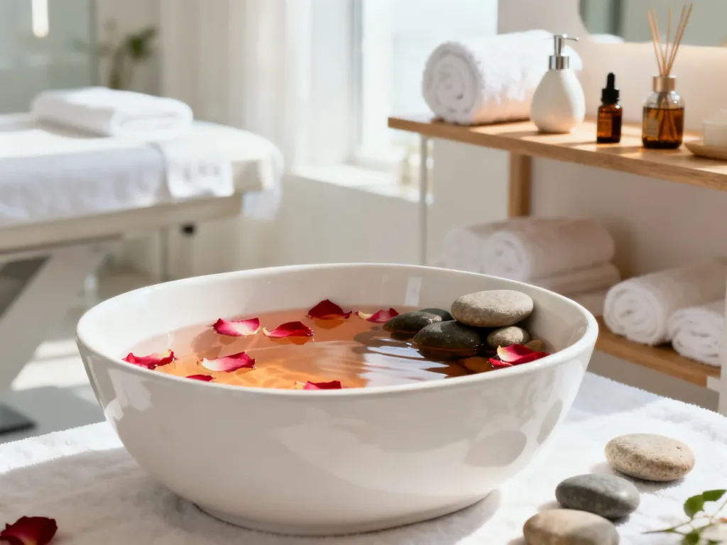 Profesjonalne stanowisko do pedicure z misą z wodą, płatkami róż i kamieniami w jasnym, nowoczesnym salonie spa.