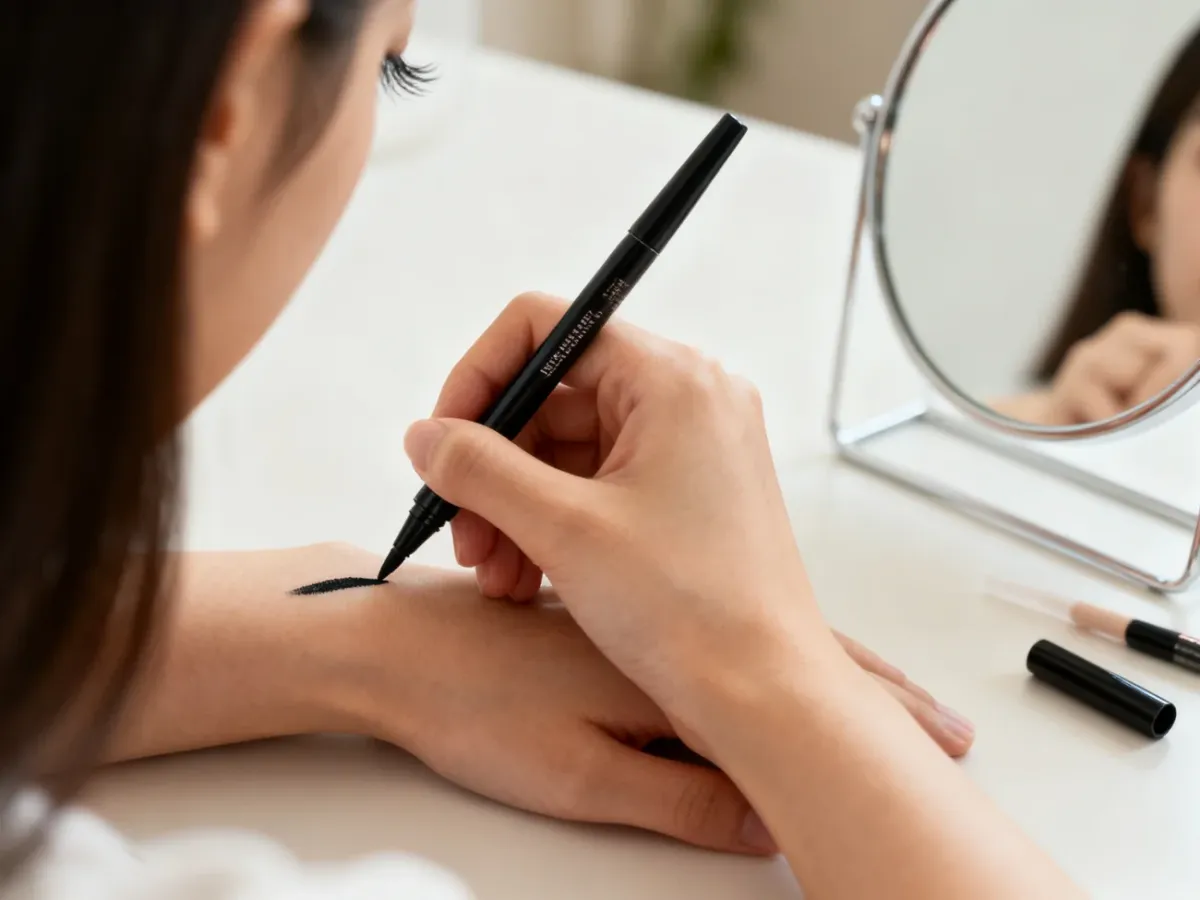 Osoba początkująca nakładająca eyeliner przy podparciu dłoni na blacie