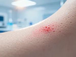 Szklana buteleczka z serum z kwasem hialuronowym na marmurowym blacie w otoczeniu akcesoriów spa.