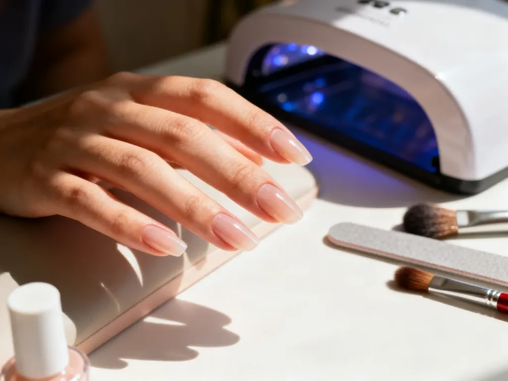 Dłoń z profesjonalnie wykonanymi paznokciami żelowymi na formie w estetycznym salonie manicure.