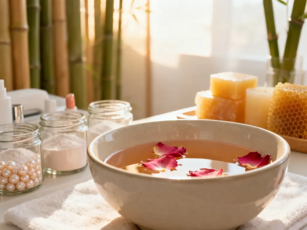 Stanowisko do pedicure japońskiego z misą z płatkami róż, proszkiem perłowym i woskiem pszczelim w relaksującym wnętrzu spa.