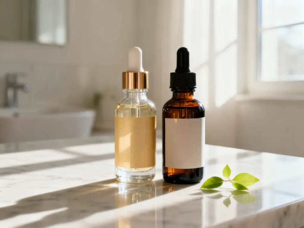 Dwie szklane buteleczki z serum na marmurowym blacie, symbolizujące profesjonalną pielęgnację skóry z retinolem.