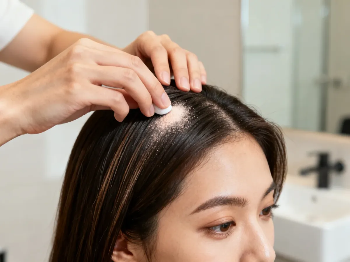 A person gently applying hair powder to dry roots beside the part