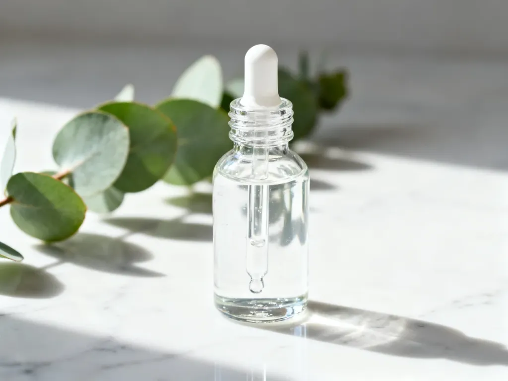 Szklana buteleczka z serum z kwasem glikolowym na marmurowym blacie z liściem eukaliptusa w tle.