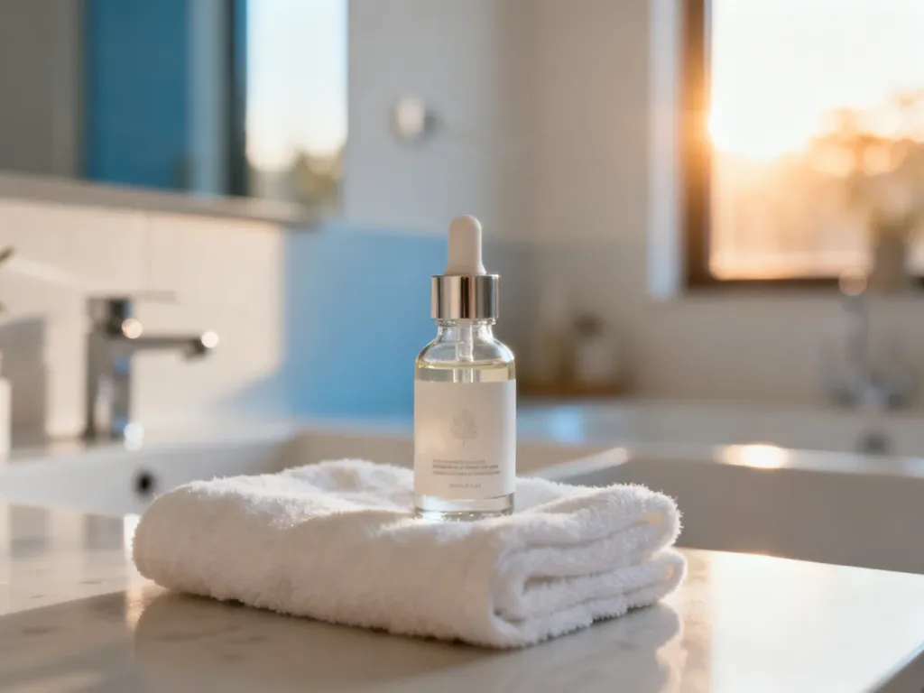 Szklana buteleczka serum do twarzy i biały ręcznik na łazienkowej półce, symbolizujące codzienną pielęgnację cery.