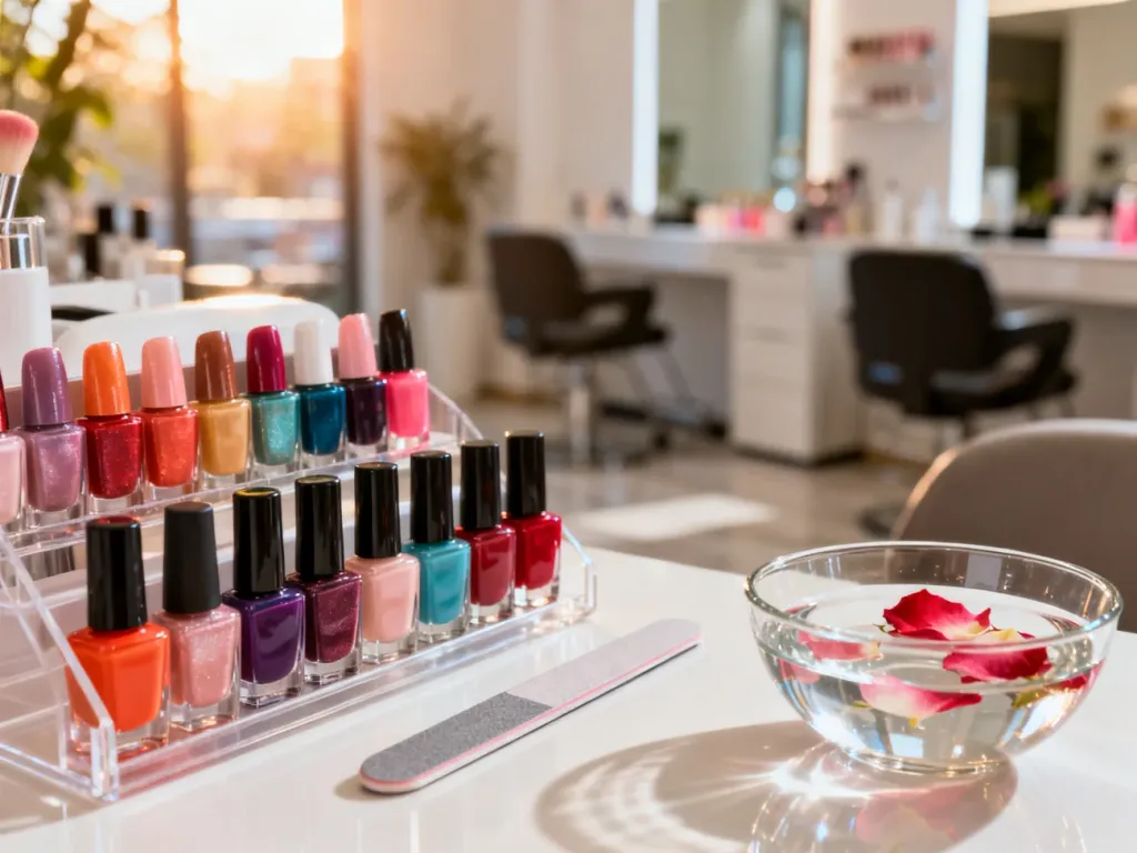 Profesjonalne stanowisko do manicure z uporządkowanymi lakierami, pilnikiem i miseczką z płatkami róż w jasnym salonie.