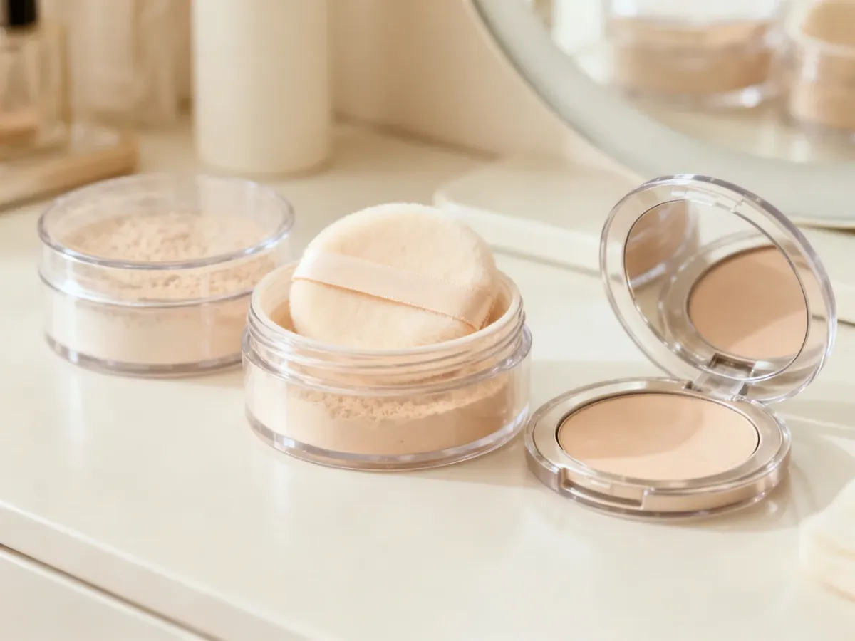 Transparent loose and pressed face powders arranged on a beauty vanity