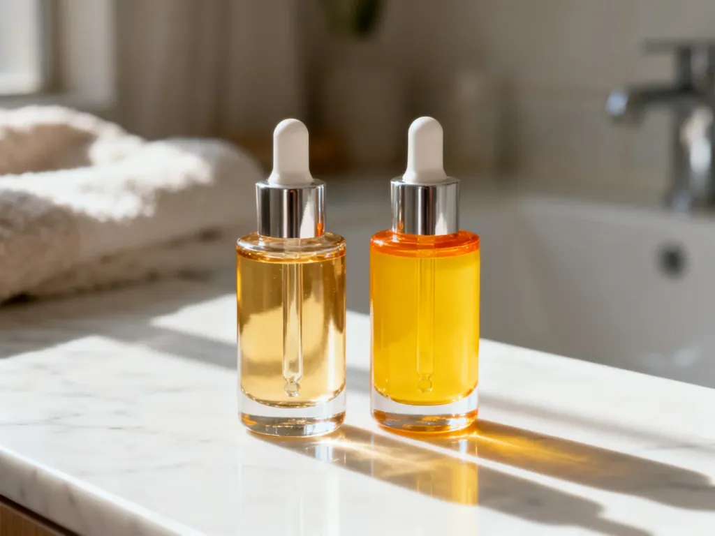 Dwie eleganckie buteleczki z serum o różnych odcieniach na marmurowym blacie, prezentujące produkty do pielęgnacji skóry.