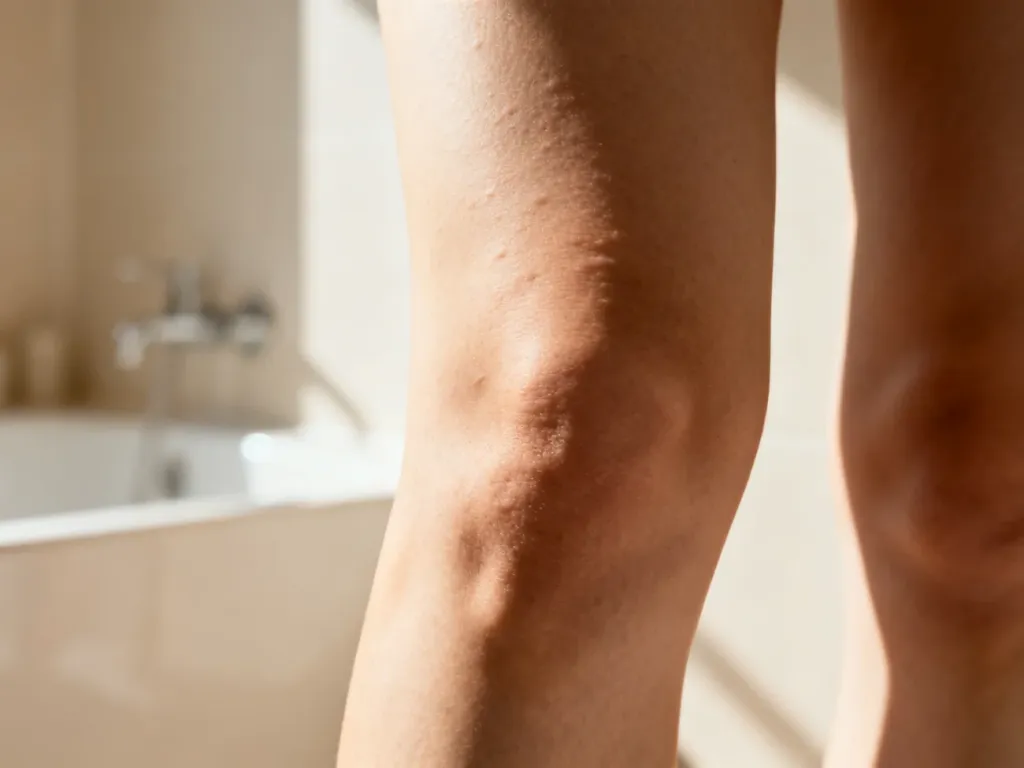 Zbliżenie na skórę ud z widocznymi oznakami cellulitu w naturalnym, porannym świetle.