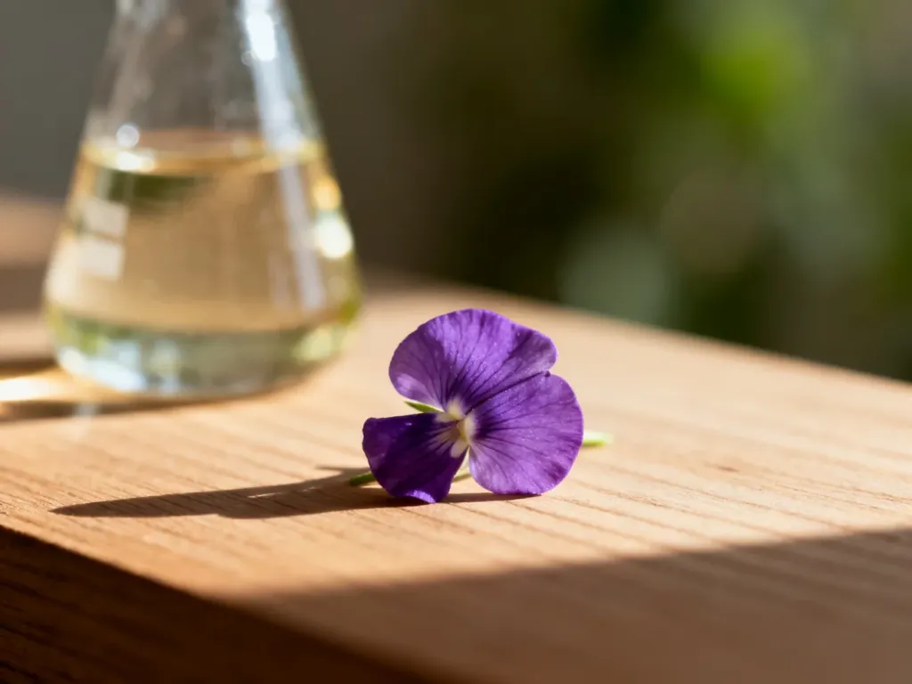 Fioletowy kwiat Psoralea corylifolia obok buteleczki z serum, ilustrujący naturalne pochodzenie składnika bakuchiol.