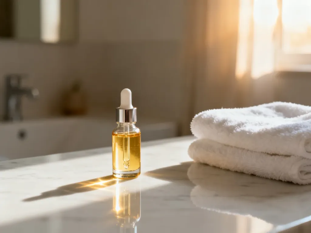 Szklana buteleczka z serum z kwasem migdałowym na marmurowym blacie obok białego ręcznika w jasnej łazience.