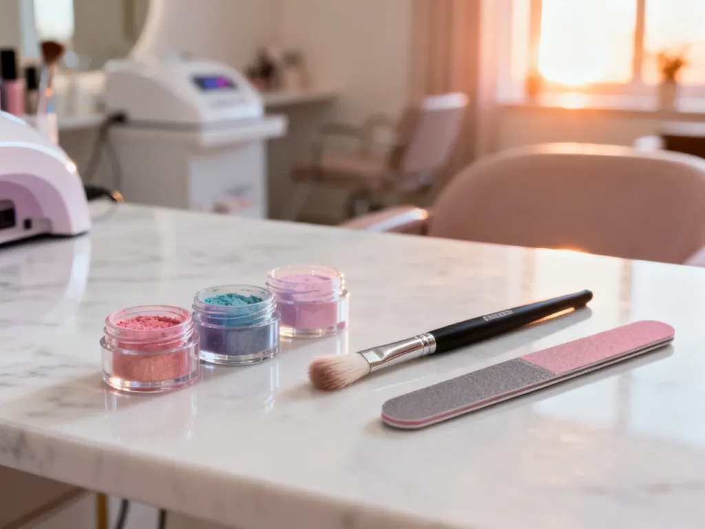 Profesjonalne narzędzia i kolorowe pudry do manicure tytanowego estetycznie ułożone na marmurowym blacie.