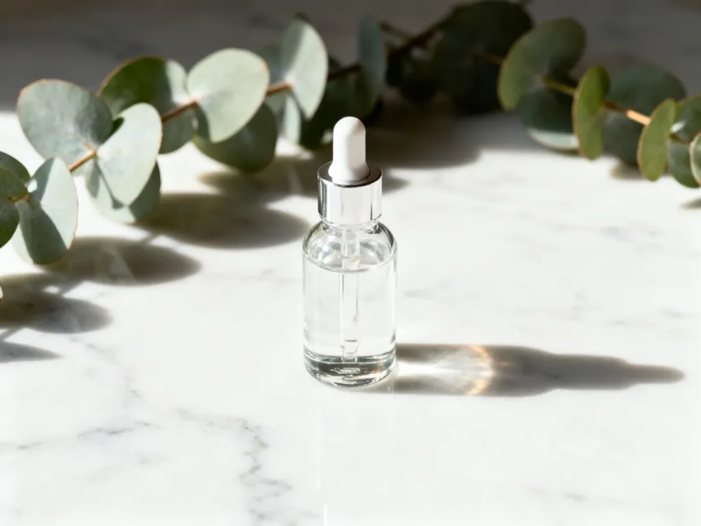 Szklana buteleczka z serum na marmurowym blacie w otoczeniu liści eukaliptusa, podkreślająca profesjonalną pielęgnację skóry.