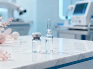 Dwie minimalistyczne buteleczki z kremami BB i CC na marmurowym blacie w słonecznej łazience.