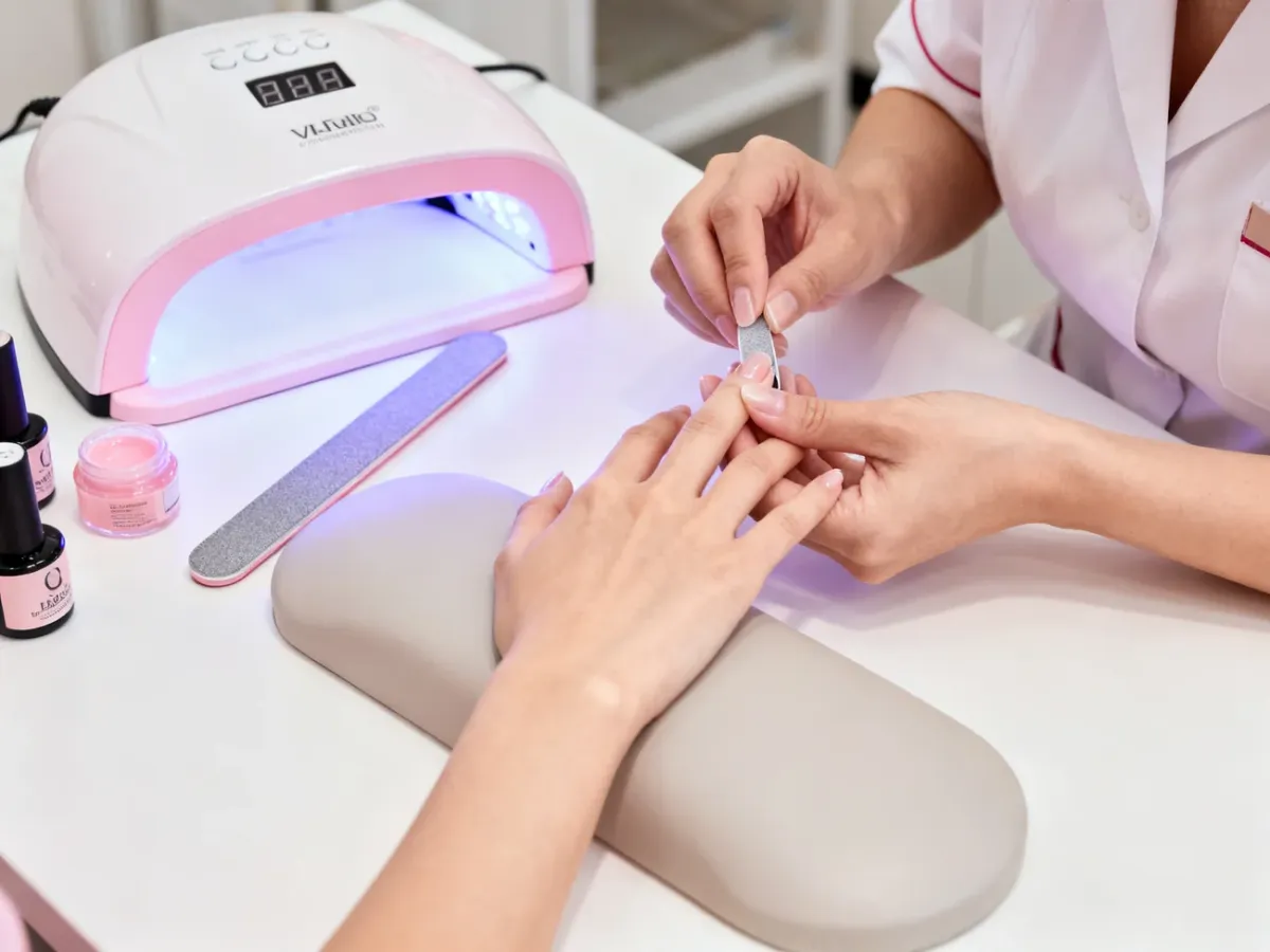 Stylistka opracowująca paznokcie podczas zabiegu manicure żelowego
