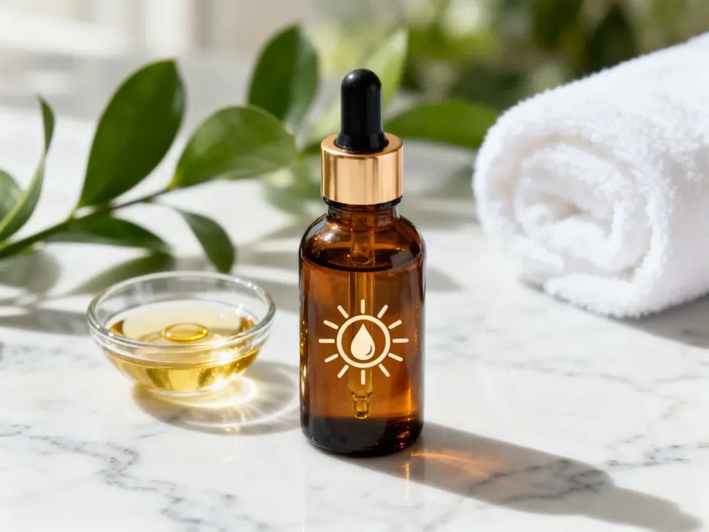 Szklana butelka z serum i miseczka z preparatem na marmurowym blacie, podkreślające estetykę pielęgnacji skóry.