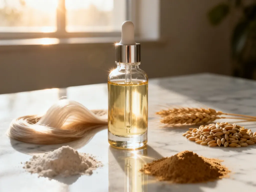 Elegancka butelka serum proteinowego na marmurowym blacie w otoczeniu naturalnych składników do pielęgnacji włosów.