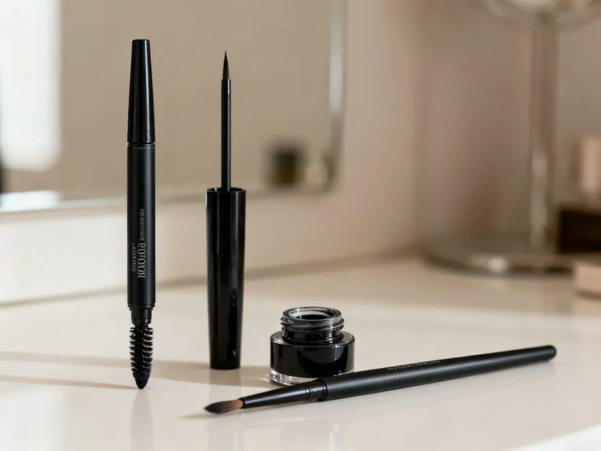 Trzy rodzaje eyelinera na kosmetycznej toaletce: pisak, eyeliner w płynie i żel w słoiczku