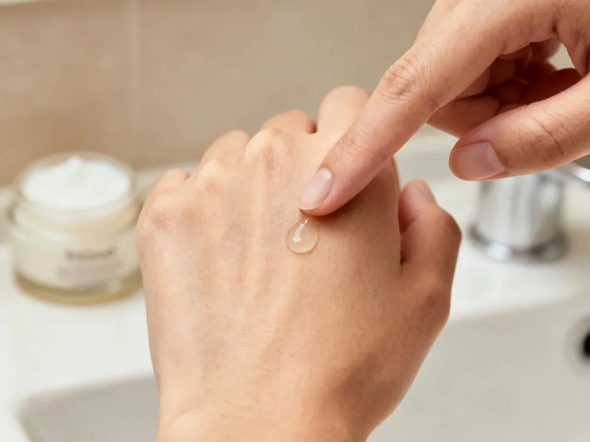 A person gently applying retinol serum to facial skin