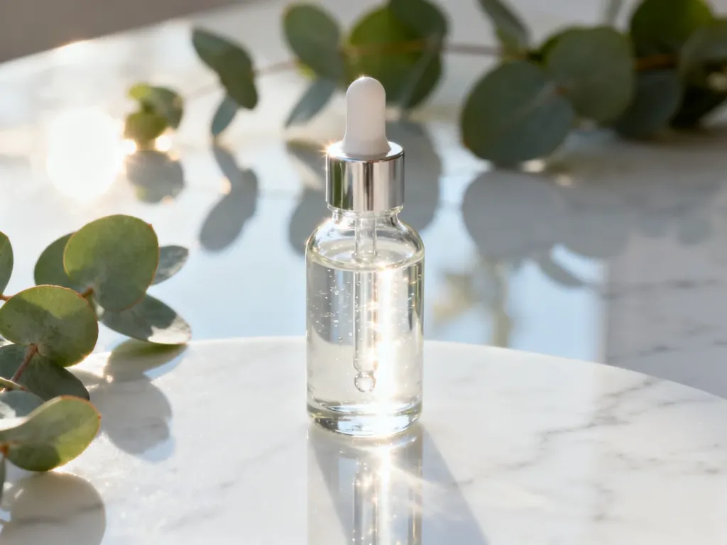 Elegancka buteleczka z serum do twarzy na marmurowym blacie w otoczeniu liści eukaliptusa, podkreślająca luksusową pielęgnację.