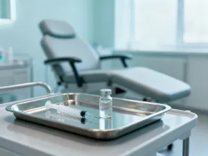 Złote serum z kwasem ferulowym w szklanej butelce na marmurowym blacie w otoczeniu roślin i ziaren.