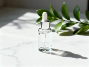 Elegancka buteleczka z serum na marmurowym blacie w promieniach słońca, podkreślająca profesjonalną pielęgnację skóry.