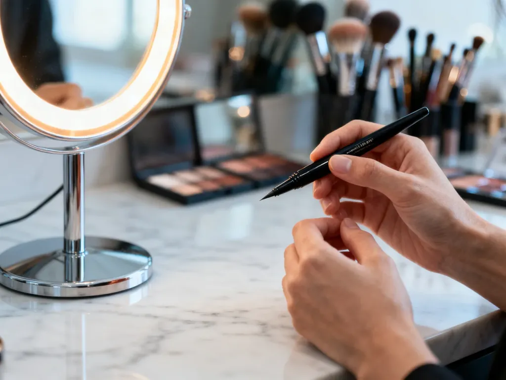 Dłoń wizażystki trzymająca eyeliner w płynie z precyzyjną końcówką na tle profesjonalnego stanowiska do makijażu.