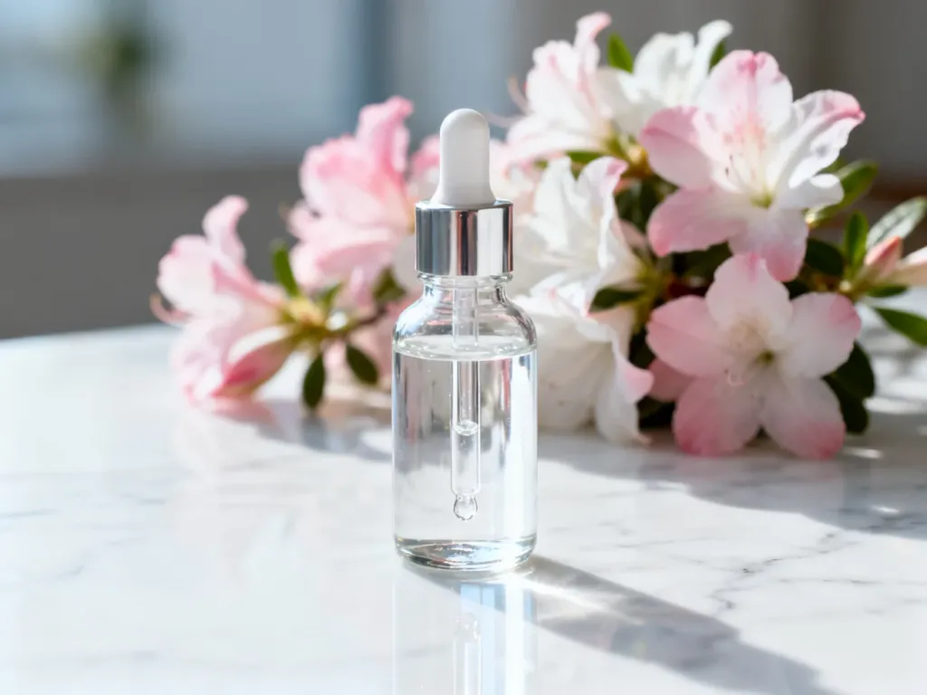 Szklana buteleczka z serum na marmurowym blacie w otoczeniu kwiatów azalii, podkreślająca naturalny skład kosmetyku.