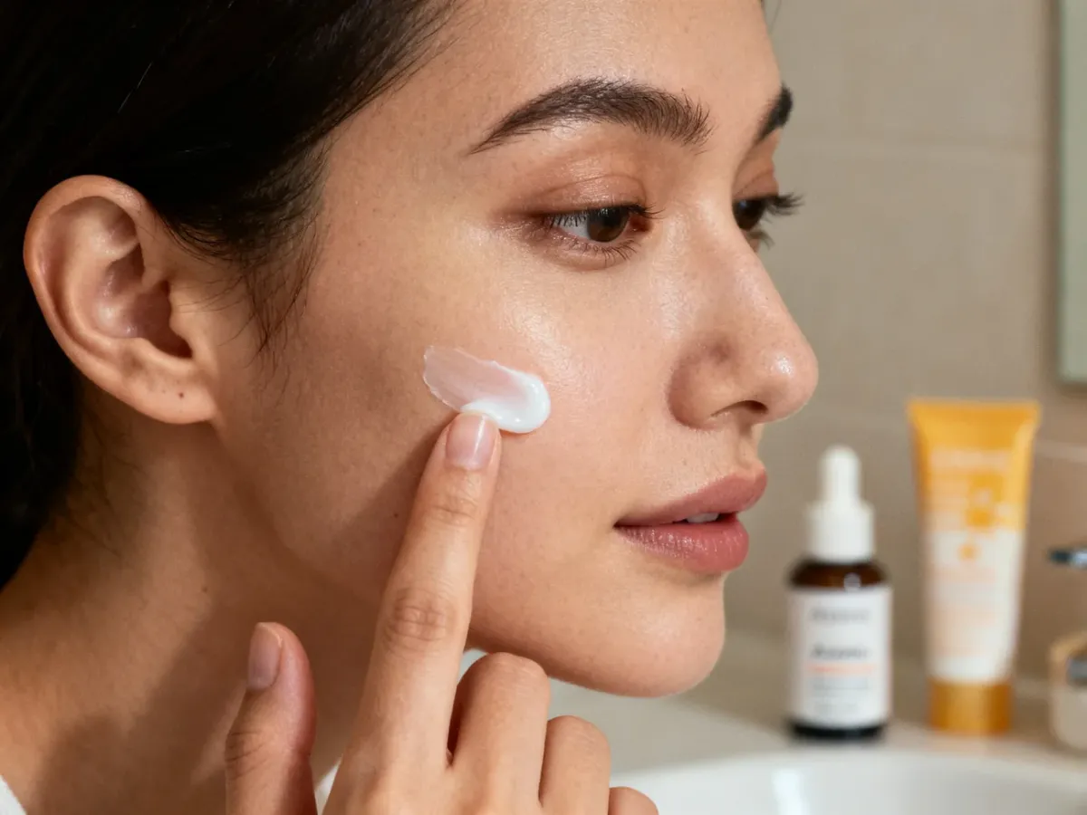 A person applying azelaic acid cream to clean, dry facial skin