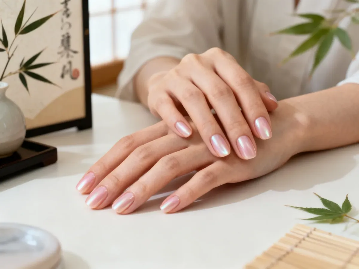 Naturalne paznokcie po manicure japońskim z delikatnym perłowym połyskiem