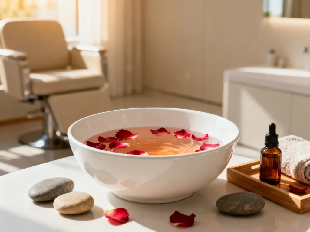 Profesjonalna miska do pedicure z płatkami róż i olejkami, tworząca relaksującą atmosferę w salonie kosmetycznym.