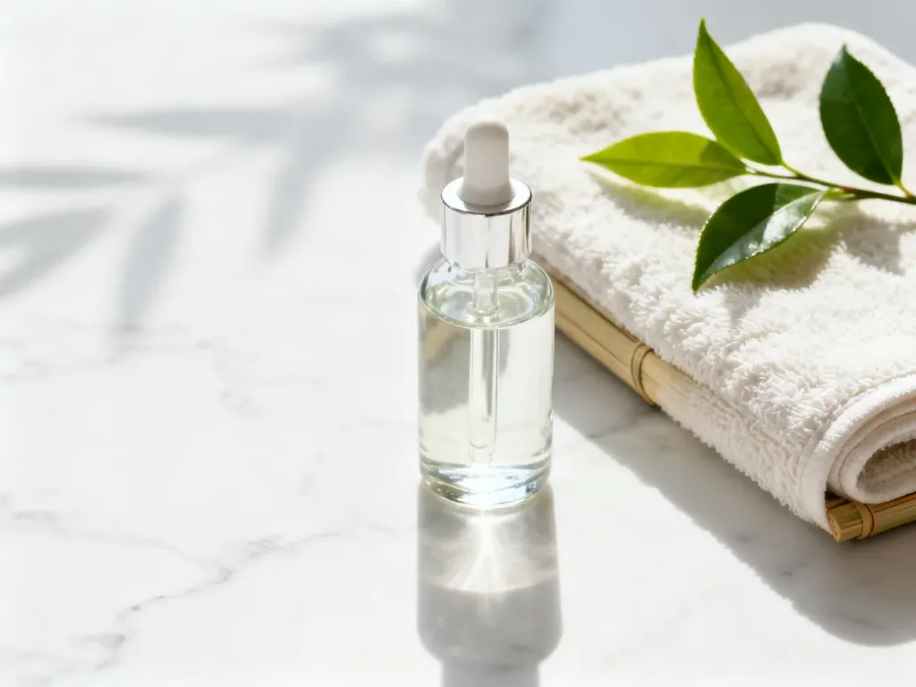 Minimalistyczna kompozycja z serum do twarzy, bambusową ściereczką i liściem zielonej herbaty na marmurowym blacie.