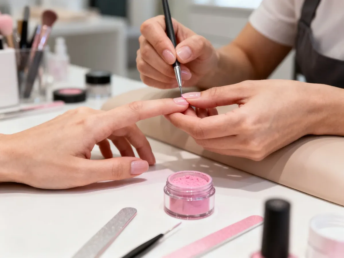 Stylistka nakładająca puder polimerowy na naturalny paznokieć