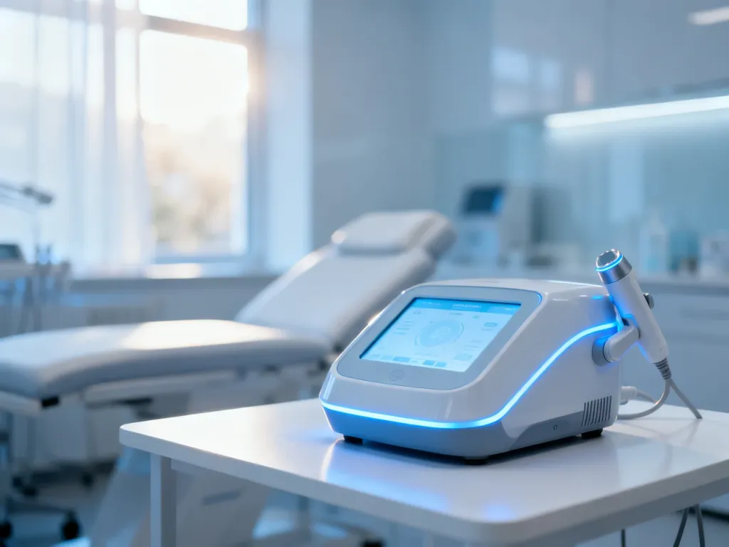 Nowoczesny gabinet dermatologiczny z profesjonalnym urządzeniem zabiegowym w sterylnym, jasnym wnętrzu.