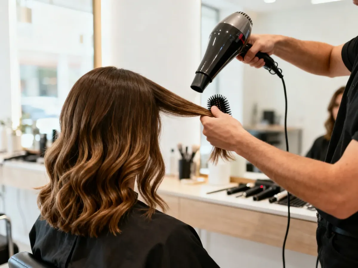 Stylist modelujący włosy za pomocą szczotki i suszarki w salonie fryzjerskim