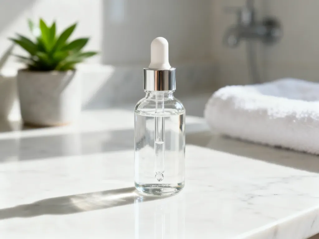Szklana butelka z serum z kwasem salicylowym na marmurowym blacie w jasnej, minimalistycznej łazience.