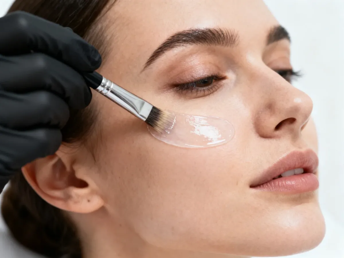 Specjalista nakładający peeling chemiczny na skórę twarzy pacjentki