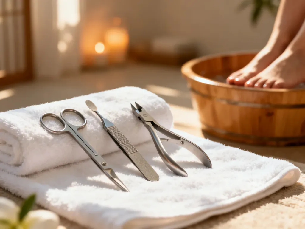 Profesjonalne narzędzia do pedicure ułożone na białym ręczniku w relaksującym wnętrzu salonu spa.