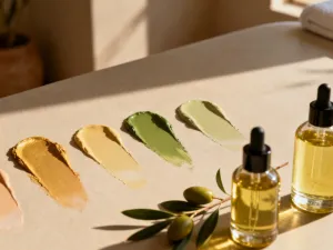 Szklana buteleczka z przezroczystym serum na marmurowym blacie w jasnej, minimalistycznej łazience.