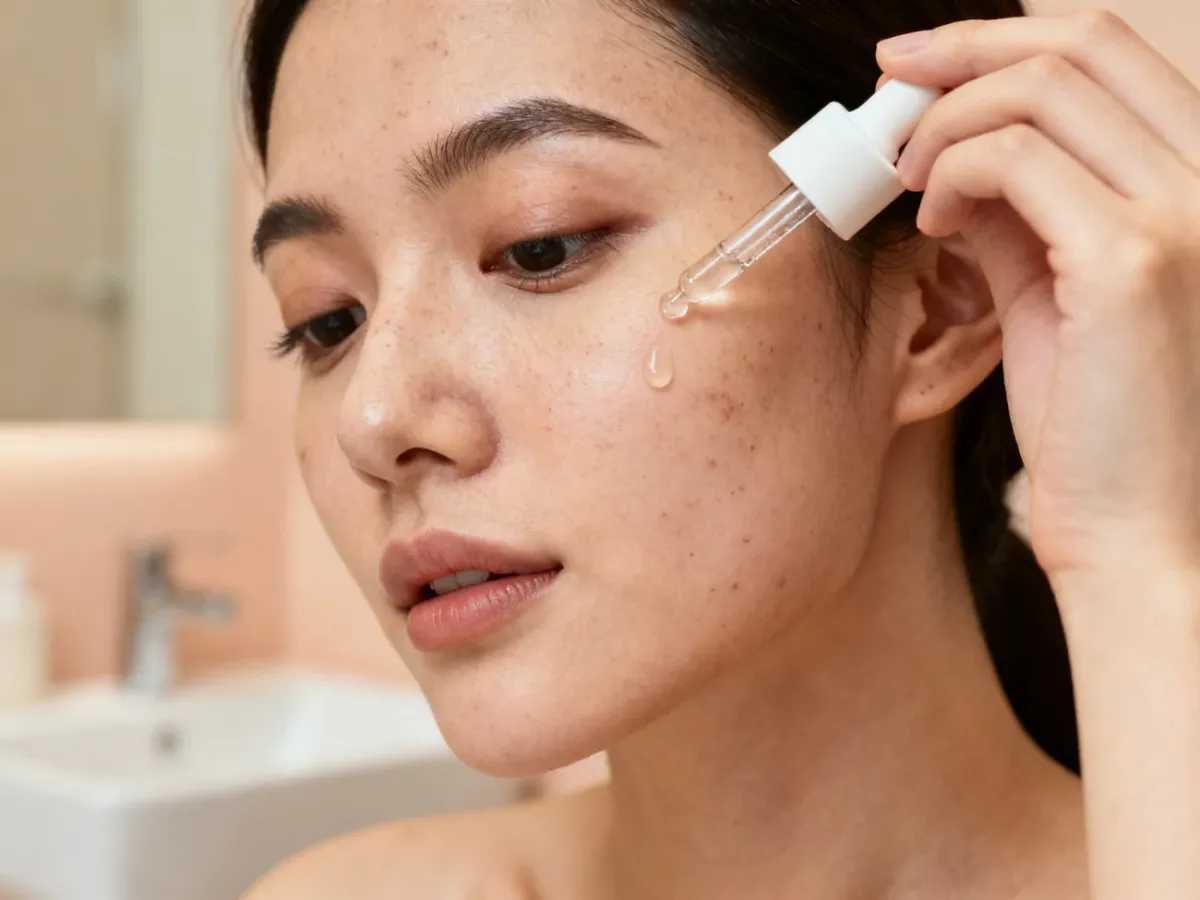 Osoba z cerą wrażliwą nakładająca serum z retinalem