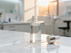 Dwie szklane buteleczki z serum na marmurowym blacie, symbolizujące profesjonalną pielęgnację skóry z retinolem.